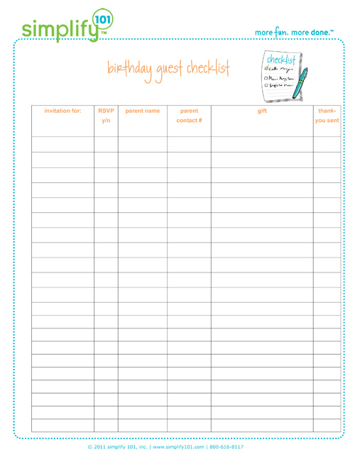 birthday party guest checklist