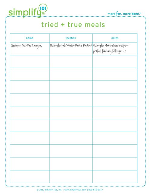 tried and true meals printable