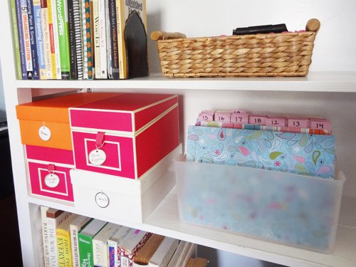 Organized Bookshelf with Colorful Boxes