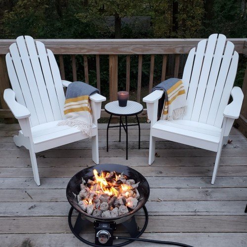 Fire pit on deck with adirondack chairs